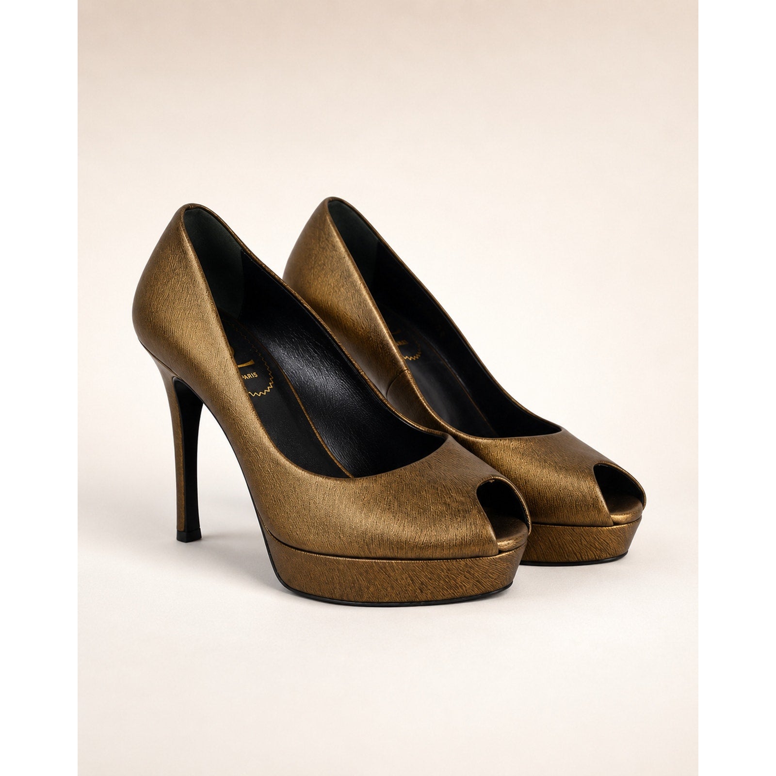 Yves Saint Laurent Palais Bronze Leather Peep Toe Pumps EU 37