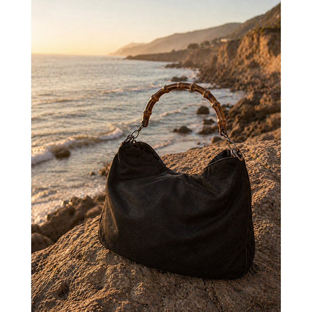 Gucci Black Nylon Bamboo Top Handle Bag Logo Jacquard Lining