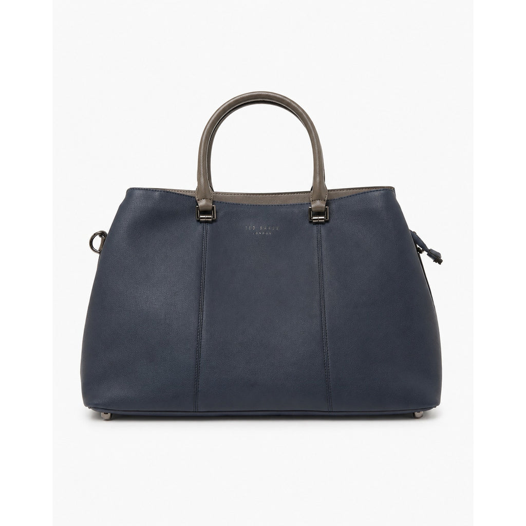 Ted Baker Navy Blue Pebbled Leather Large Tote Gray Handles