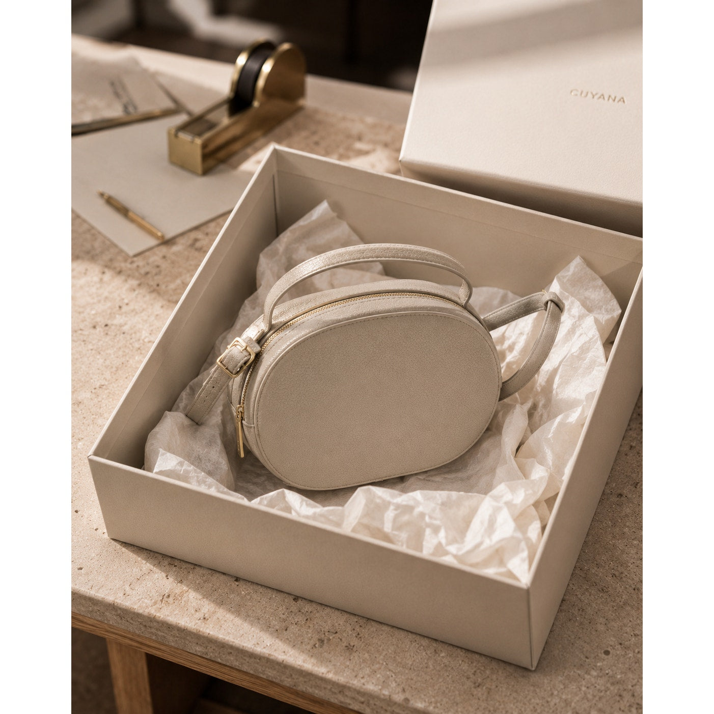 Cuyana Cream Leather Oval Zip Crossbody Bag Made in Turkey