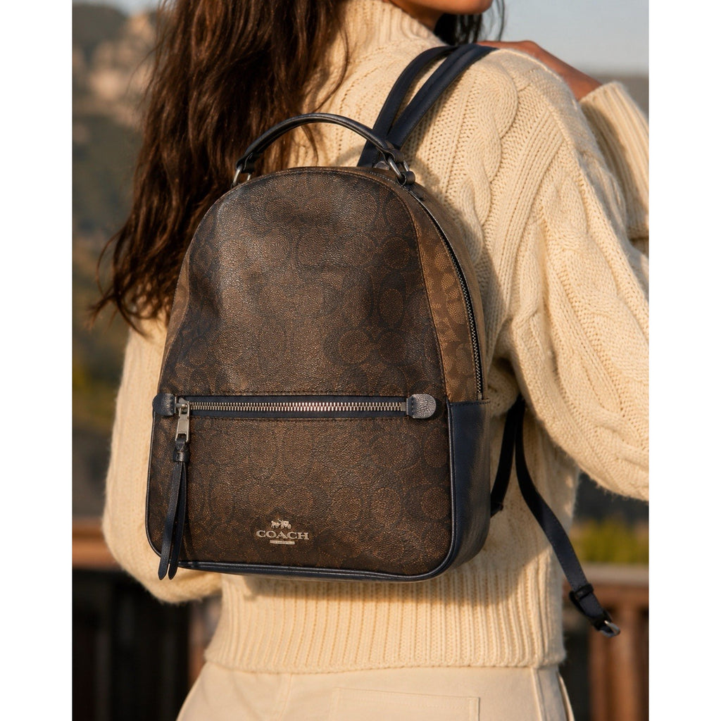 Coach Jordyn Mini Backpack Signature Canvas Brown Leather Trim