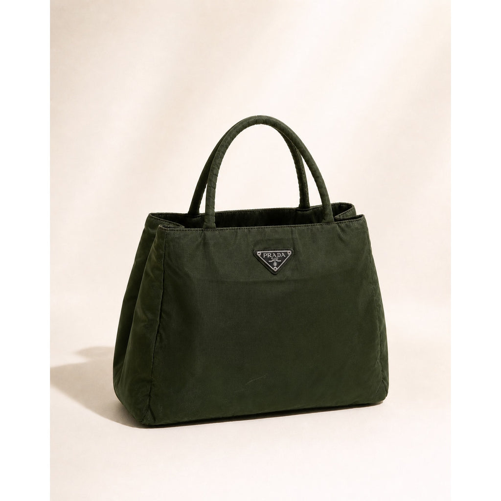 Prada Tessuto Nylon Top Handle Tote Bag Dark Green Triangle Logo