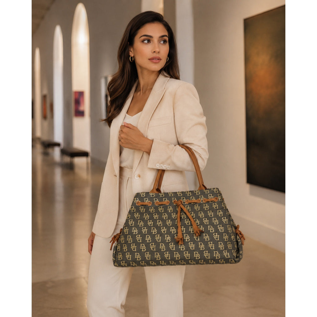 Vintage Dooney & Bourke Signature Jacquard Satchel Black Tan USA