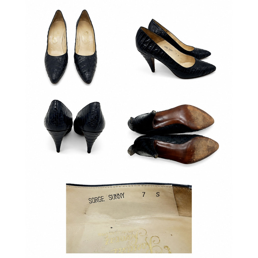 Rosina Ferragamo Schiavone Vintage Black Croc Leather Pumps Size 7
