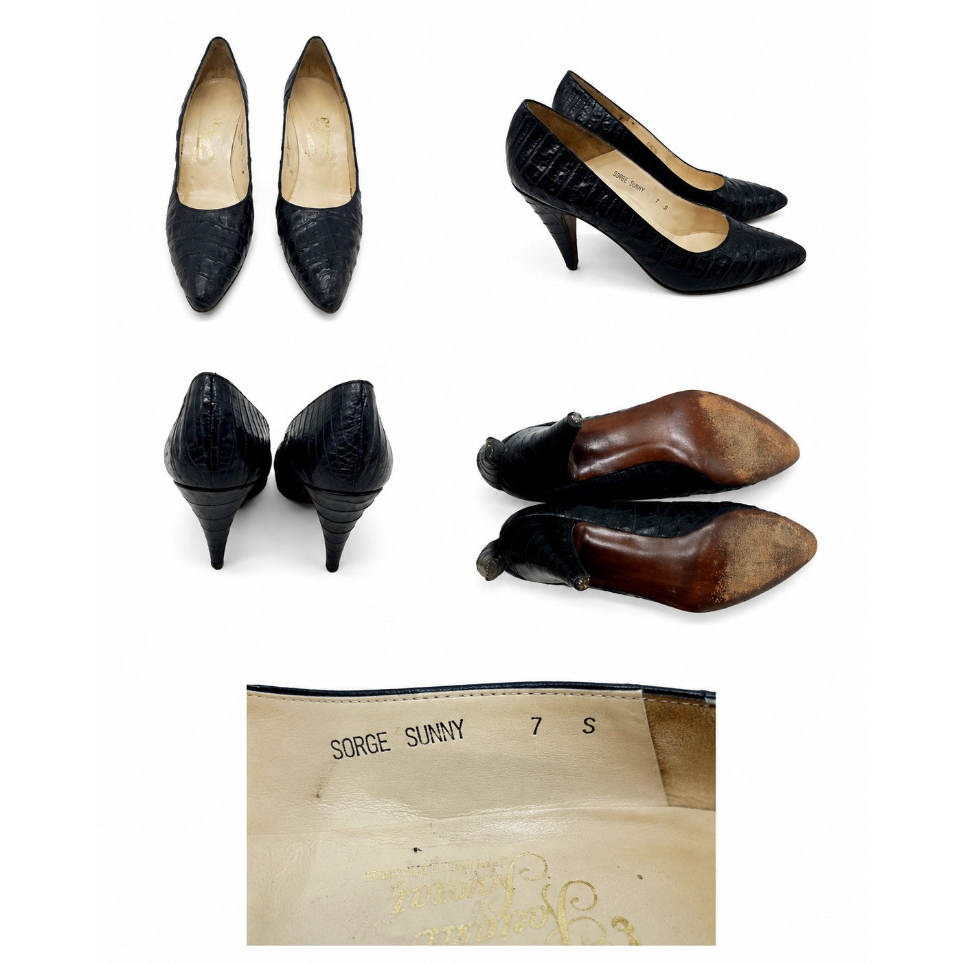 Rosina Ferragamo Schiavone Vintage Black Croc Leather Pumps Size 7