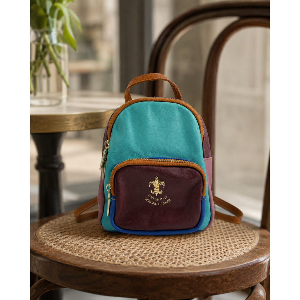 Multicolor Genuine Leather Mini Backpack Crossbody Bag Fleur-de-Lis