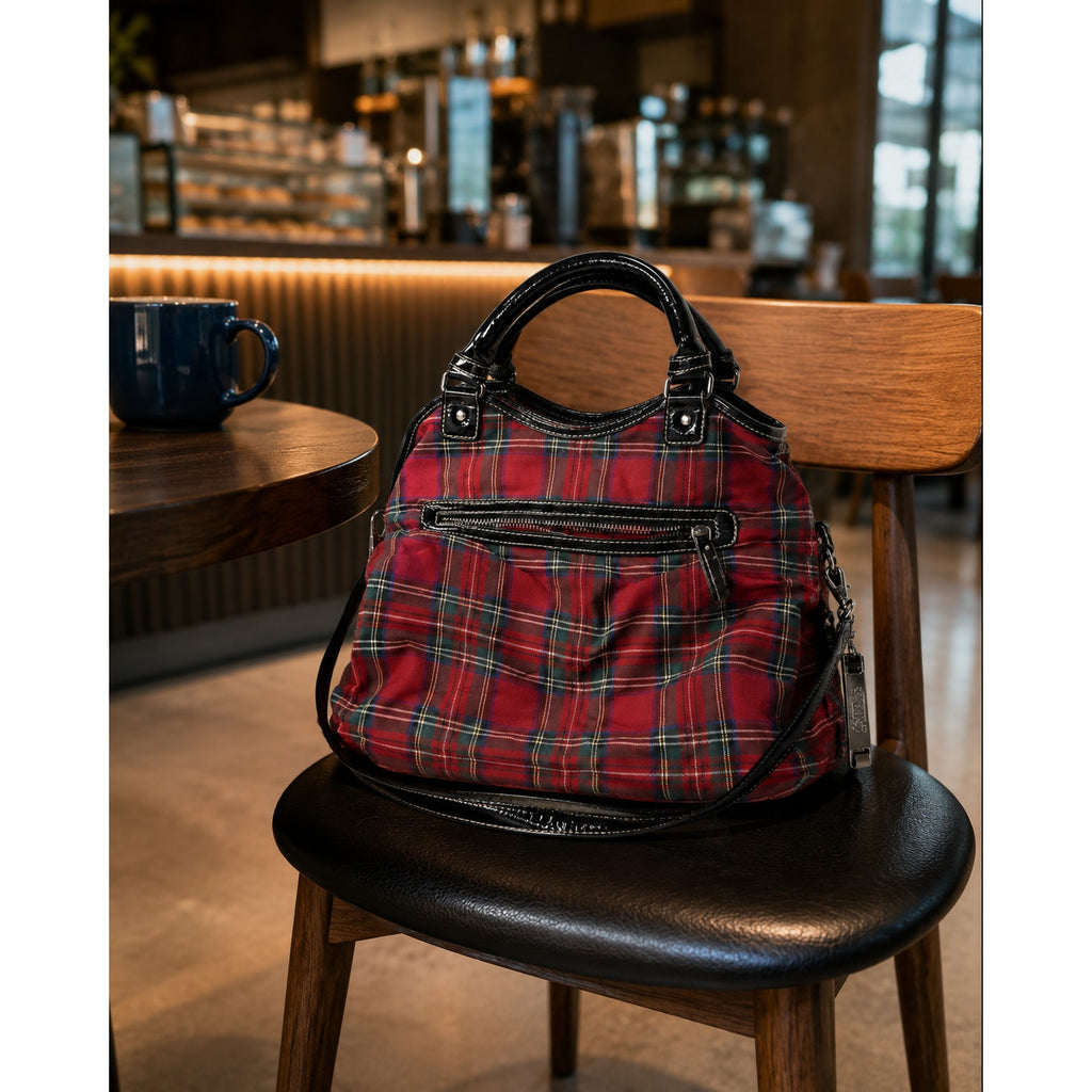 Chaps Red Tartan Plaid Shoulder Satchel Black Patent Trim Y2K Bag