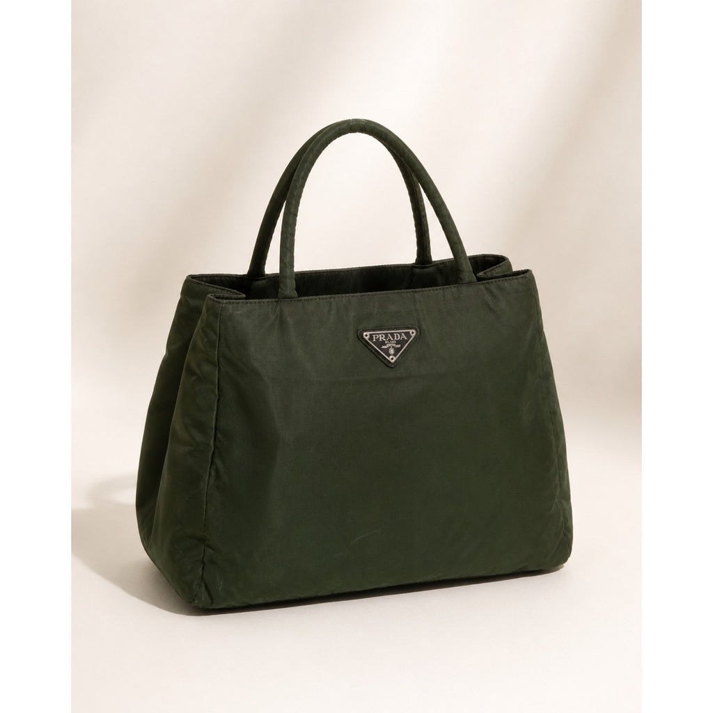 Prada Tessuto Nylon Top Handle Tote Bag Dark Green Triangle Logo