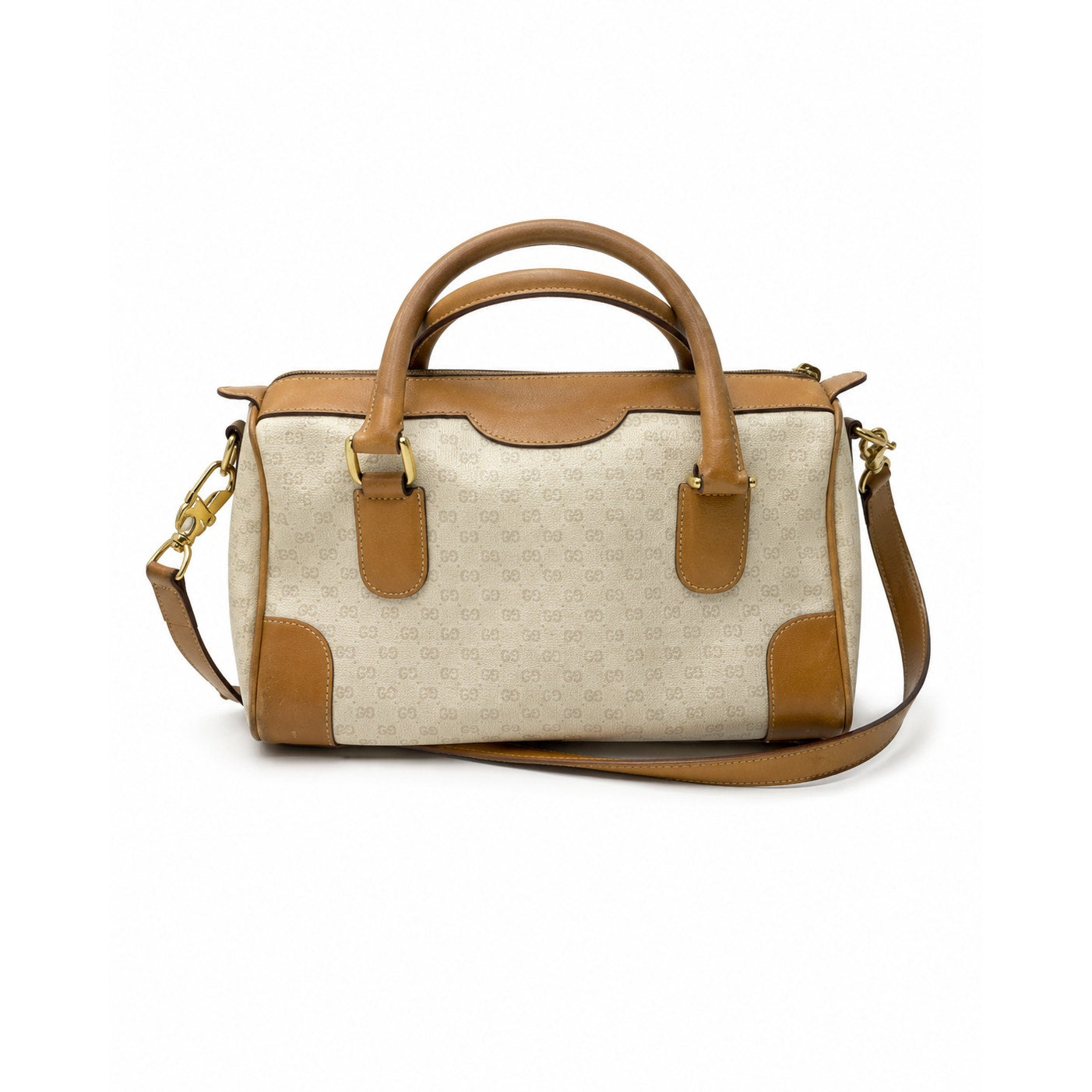 Gucci Vintage Micro GG Monogram Boston Bag Tan Leather Crossbody Authenticated
