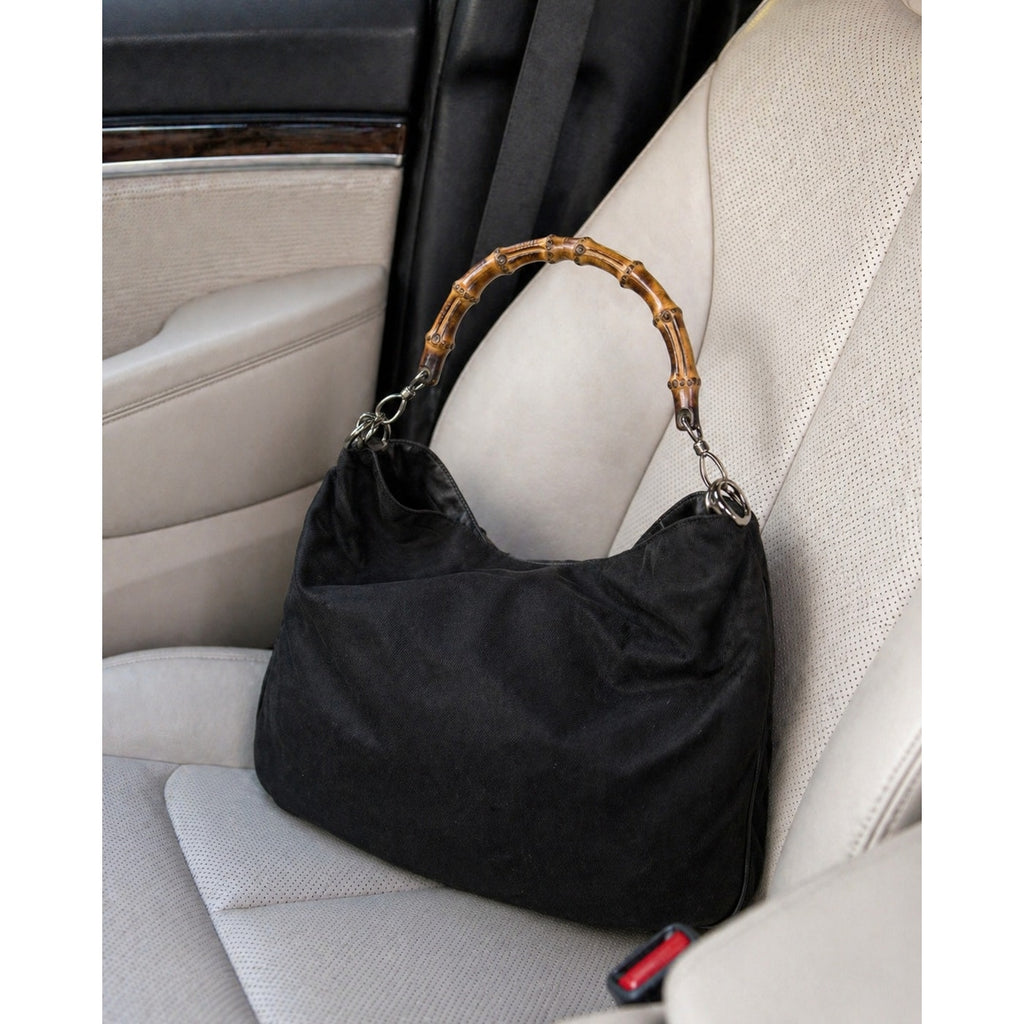 Gucci Black Nylon Bamboo Top Handle Bag Logo Jacquard Lining