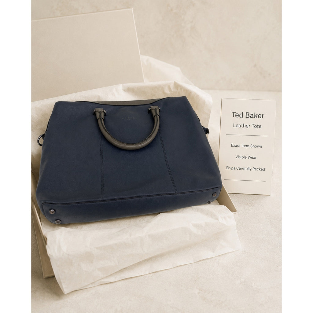 Ted Baker Navy Blue Pebbled Leather Large Tote Gray Handles