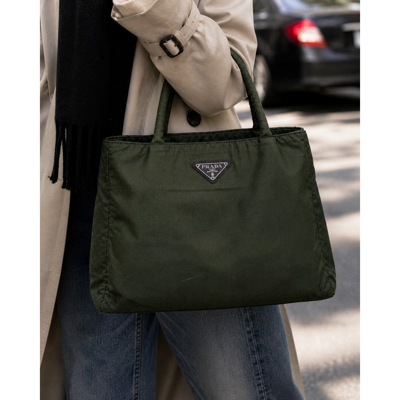 Prada Tessuto Nylon Top Handle Tote Bag Dark Green Triangle Logo