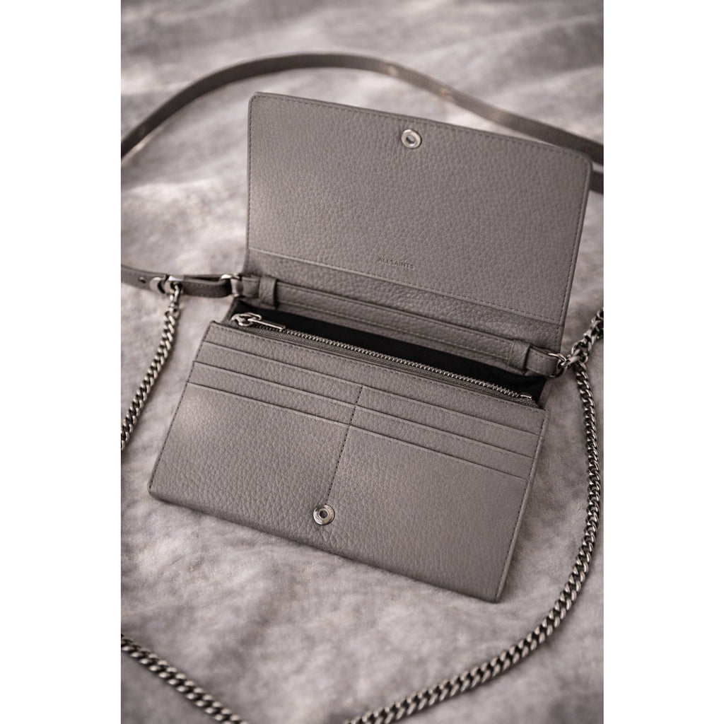 AllSaints Fetch Pebbled Leather Chain Crossbody Bag Black Matte