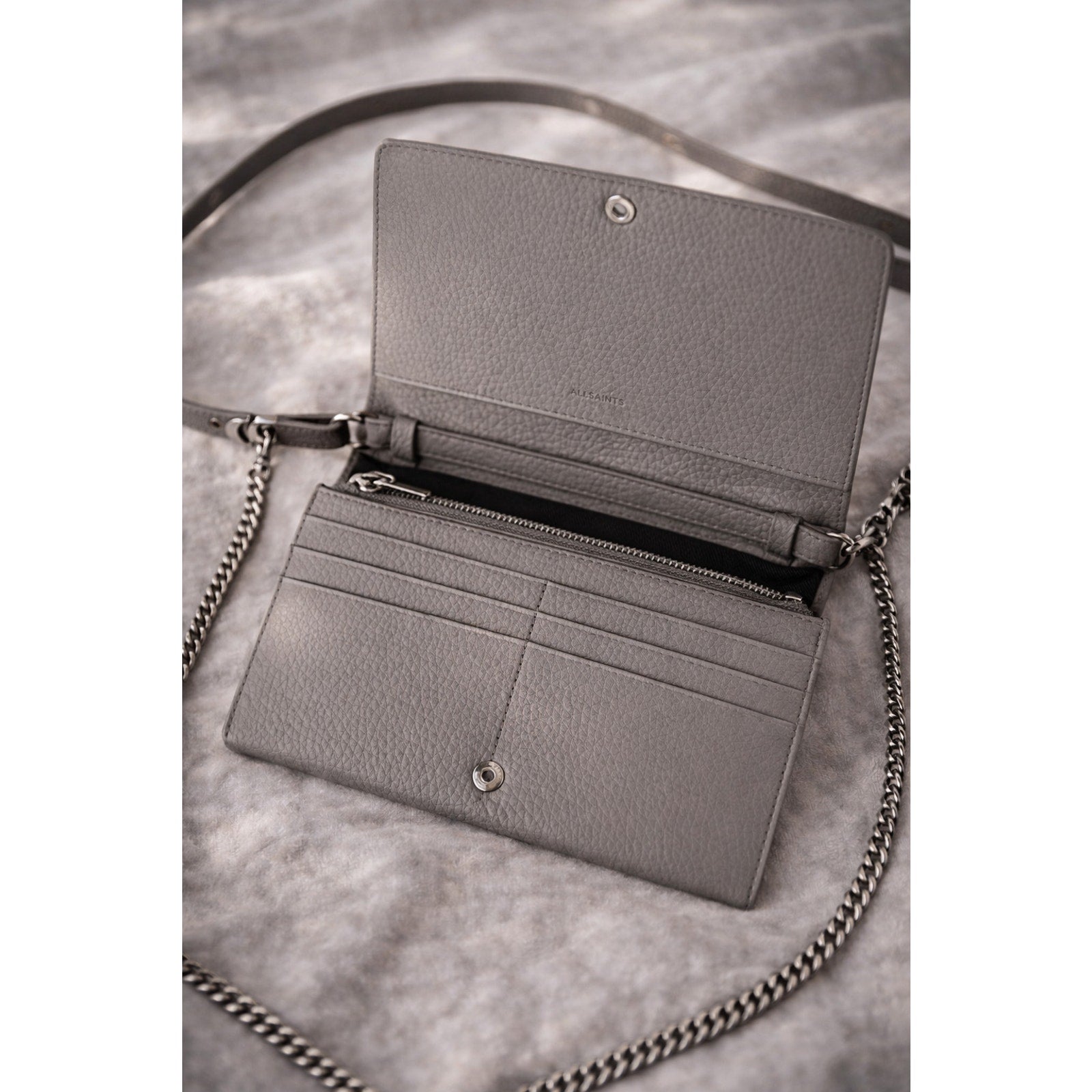 AllSaints Fetch Pebbled Leather Chain Crossbody Bag Black Matte