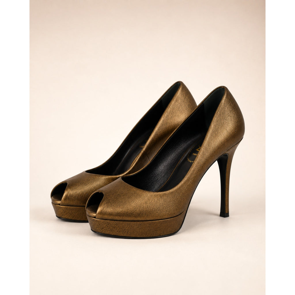 Yves Saint Laurent Palais Bronze Leather Peep Toe Pumps EU 37