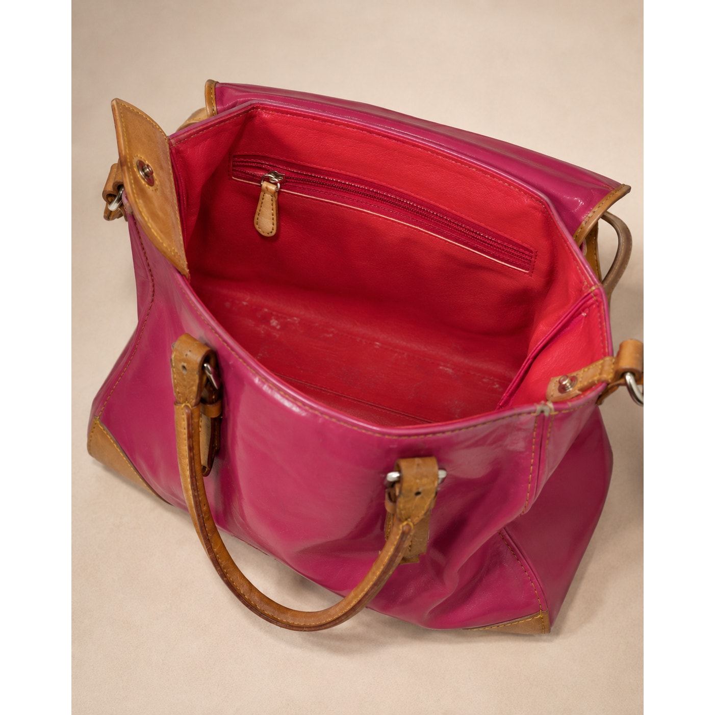 Dooney & Bourke Y2K Fuchsia Patent Leather Satchel Tote Tan Trim