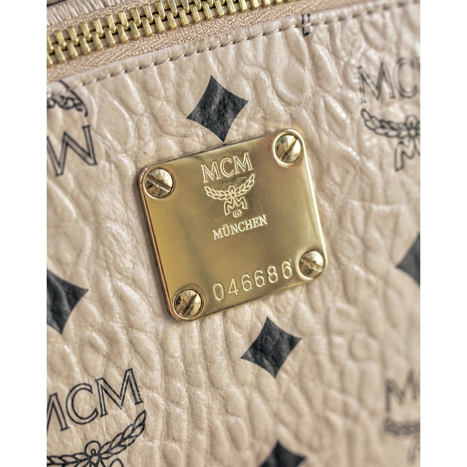 MCM Stark Side Studs Visetos Backpack Beige Leather Trim Small