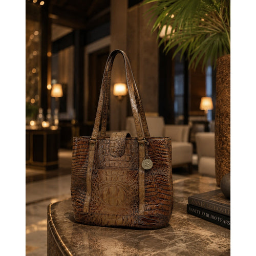Brahmin Brown Croc Embossed Leather Large Shoulder Tote Gold Hardware