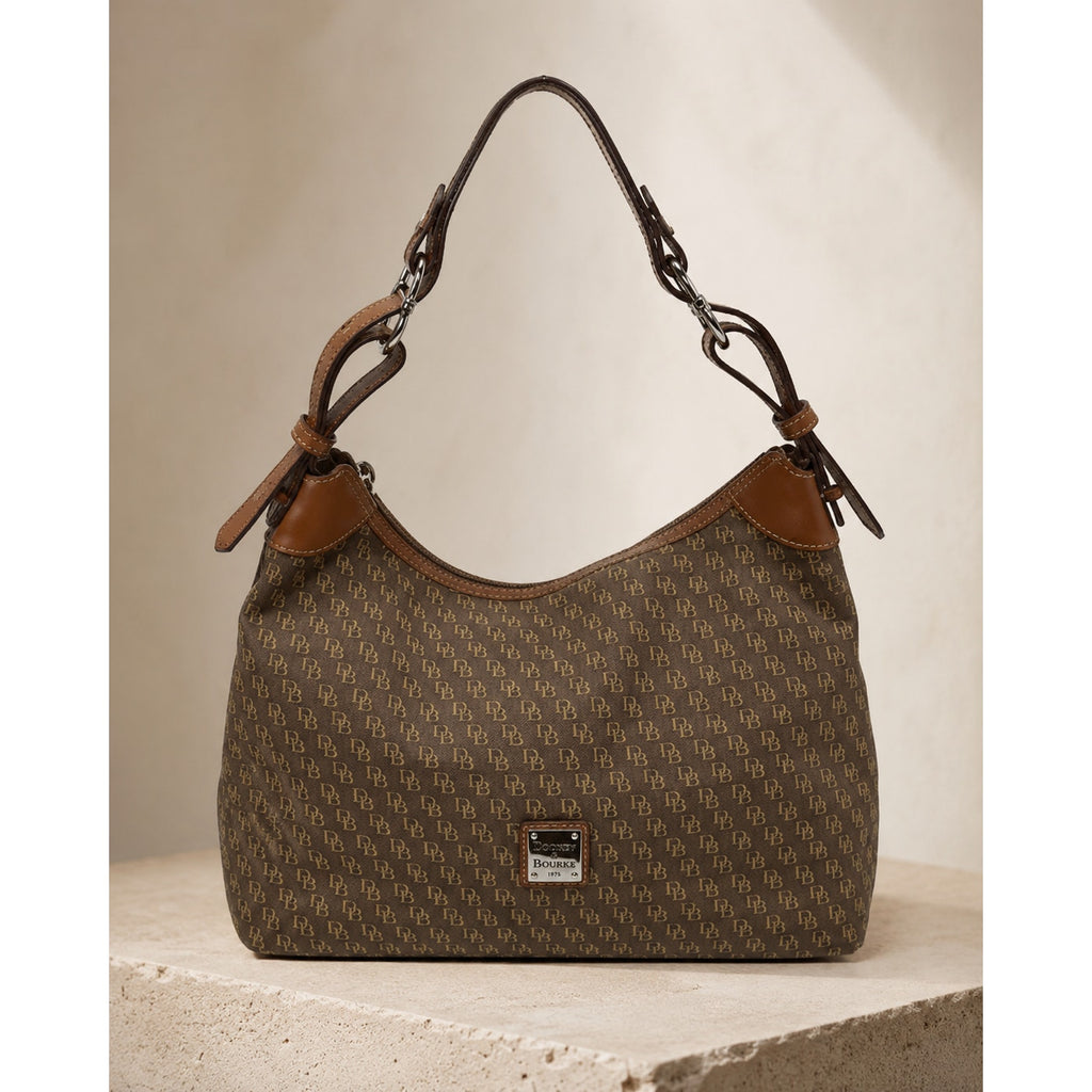Dooney & Bourke Brown Coated Cotton Monogram Hobo Shoulder Bag