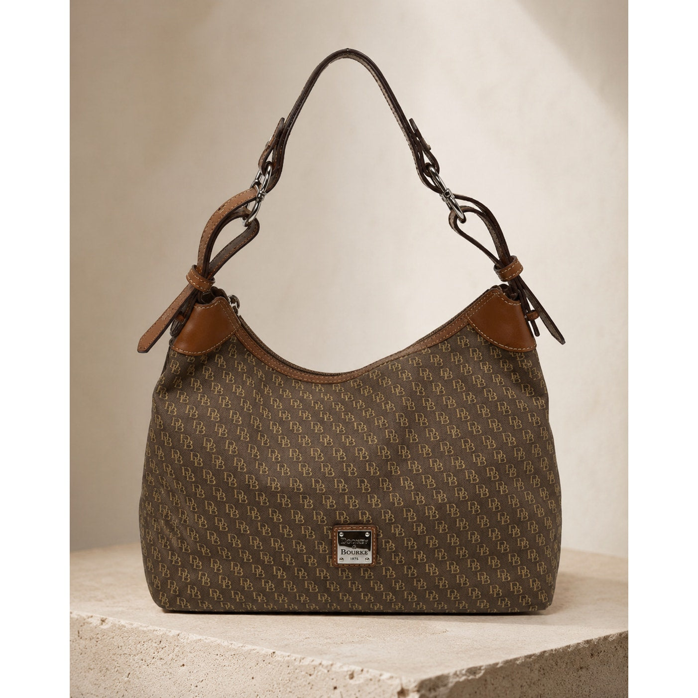 Dooney & Bourke Brown Coated Cotton Monogram Hobo Shoulder Bag