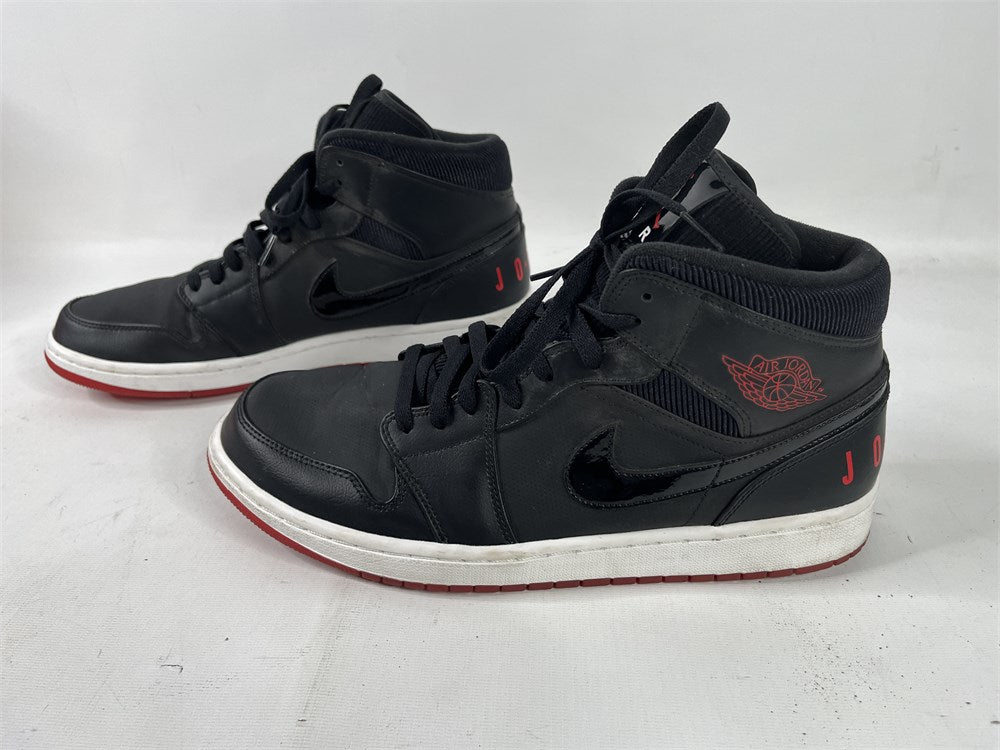 Air Jordan 1 Mid black red men's size 13 pair side view