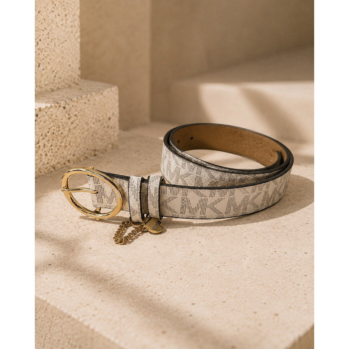 Michael Kors MK Logo Belt Coated Canvas Vanilla Gold Charm Women M