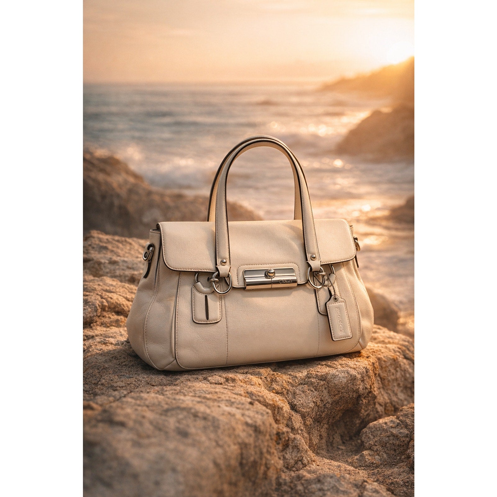 Coach Kristin Leather Satchel Ivory Cream Turnlock Shoulder Bag F13042