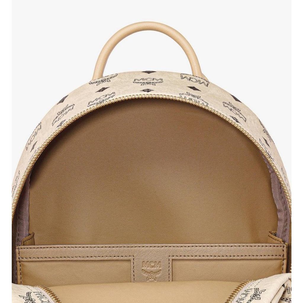 MCM Stark Side Studs Visetos Backpack Beige Leather Trim Small