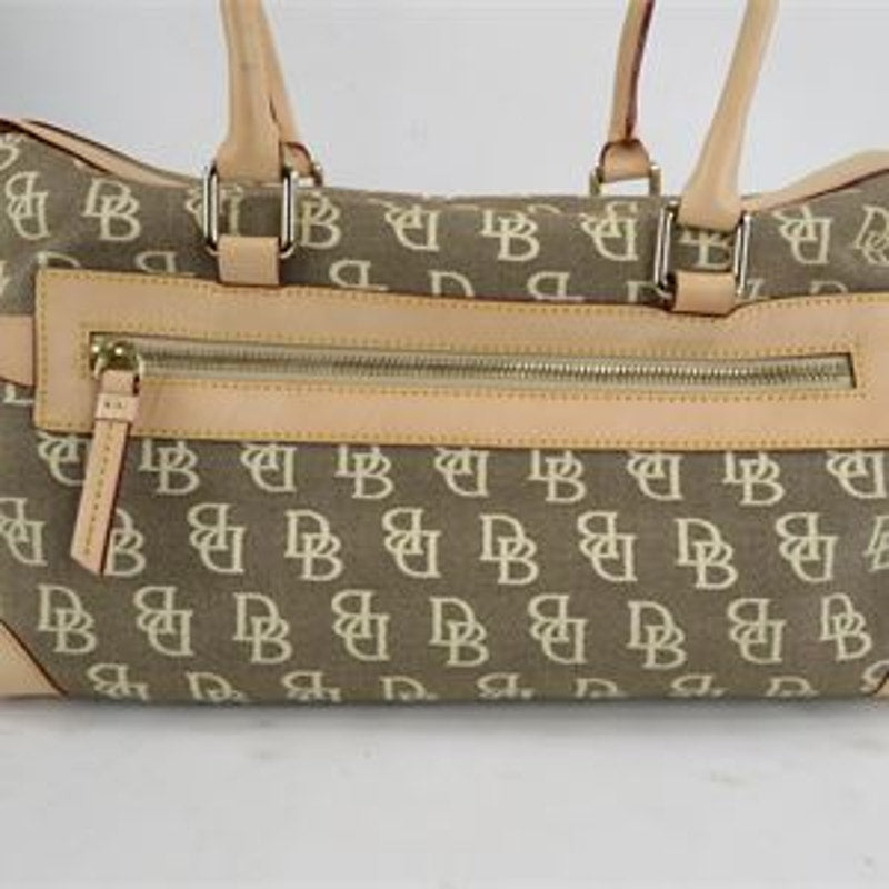 Dooney & Bourke Signature DB Monogram Pocket Satchel Tan Brown Leather Trim