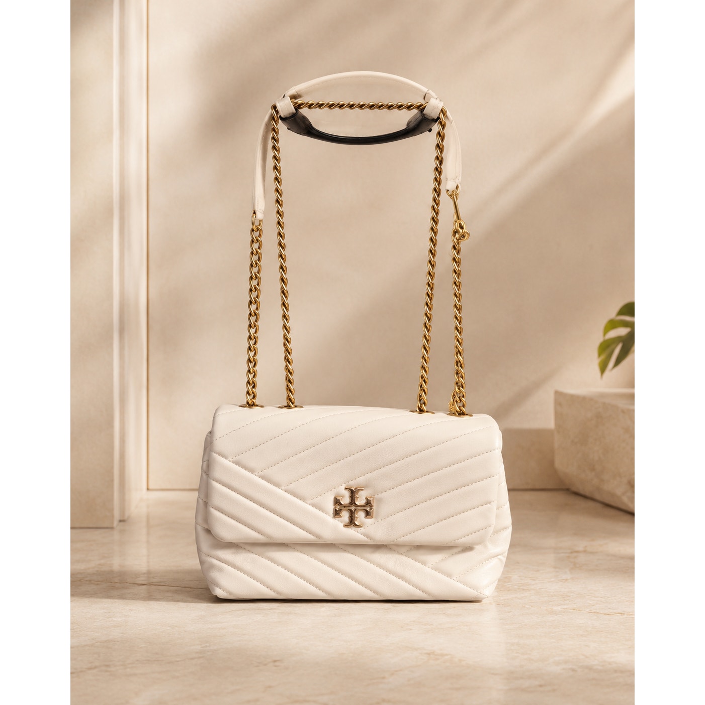 Tory Burch Kira Chevron Small Ivory Leather Convertible Shoulder Bag