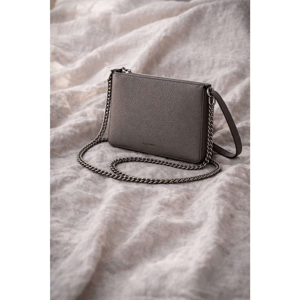AllSaints Fetch Pebbled Leather Chain Crossbody Bag Black Matte