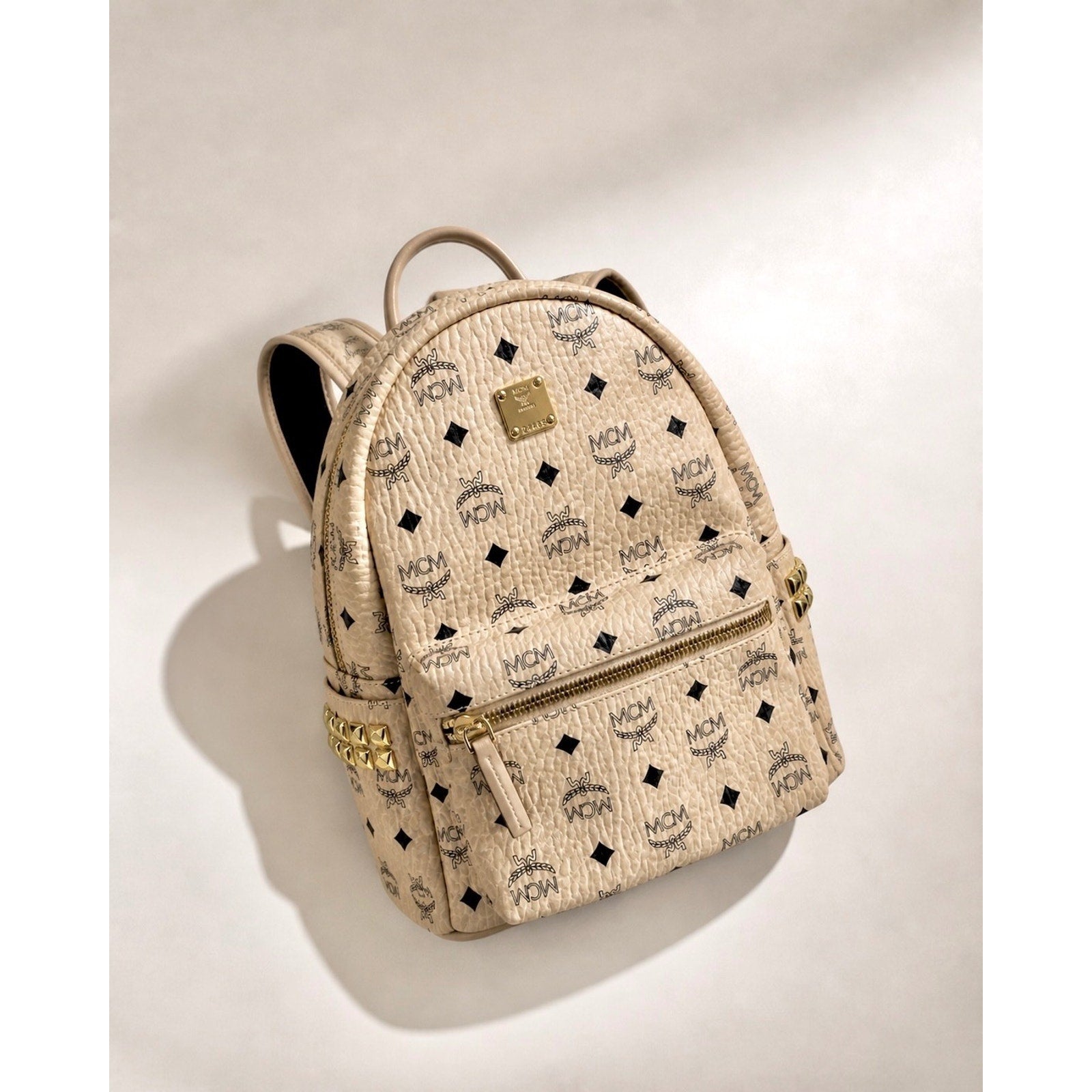 MCM Stark Side Studs Visetos Backpack Beige Leather Trim Small
