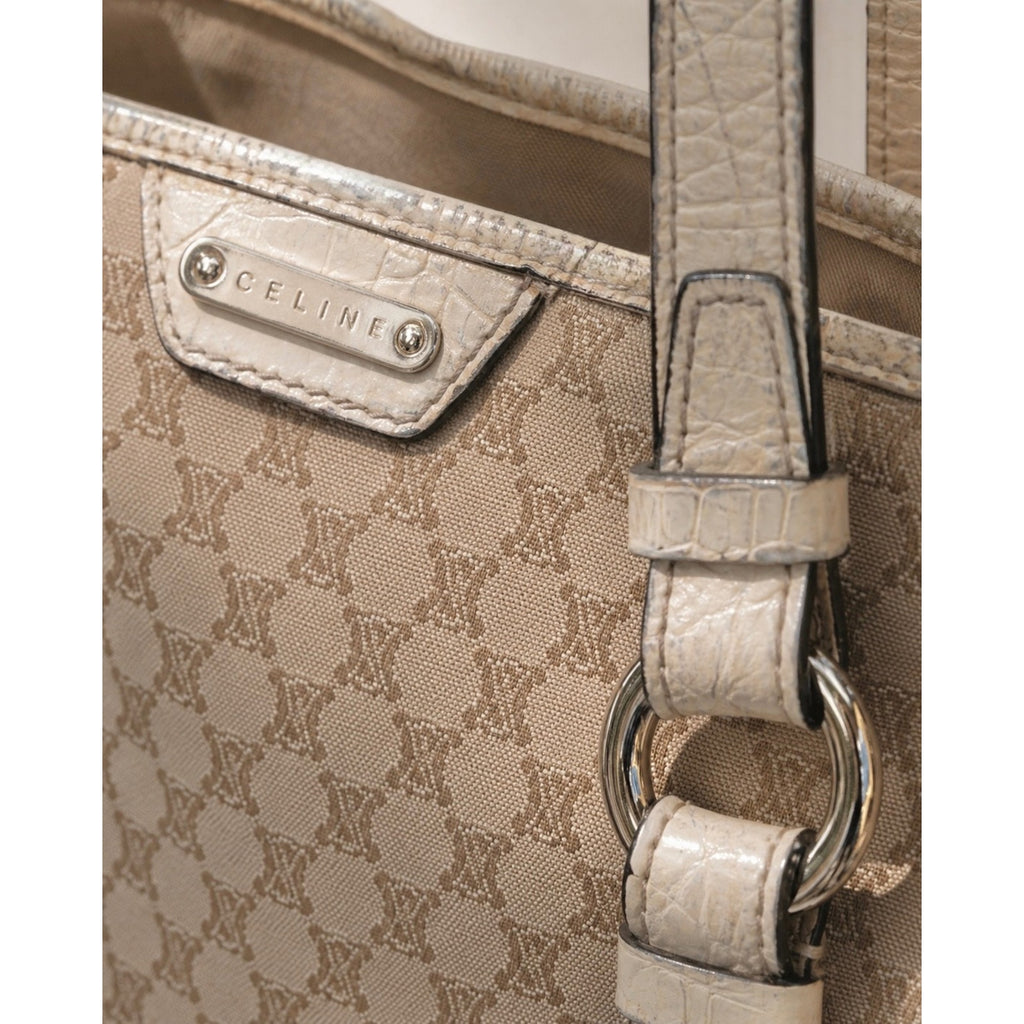 Celine Vintage Canvas Top Handle Tote Bag Brown Tan Logo Print