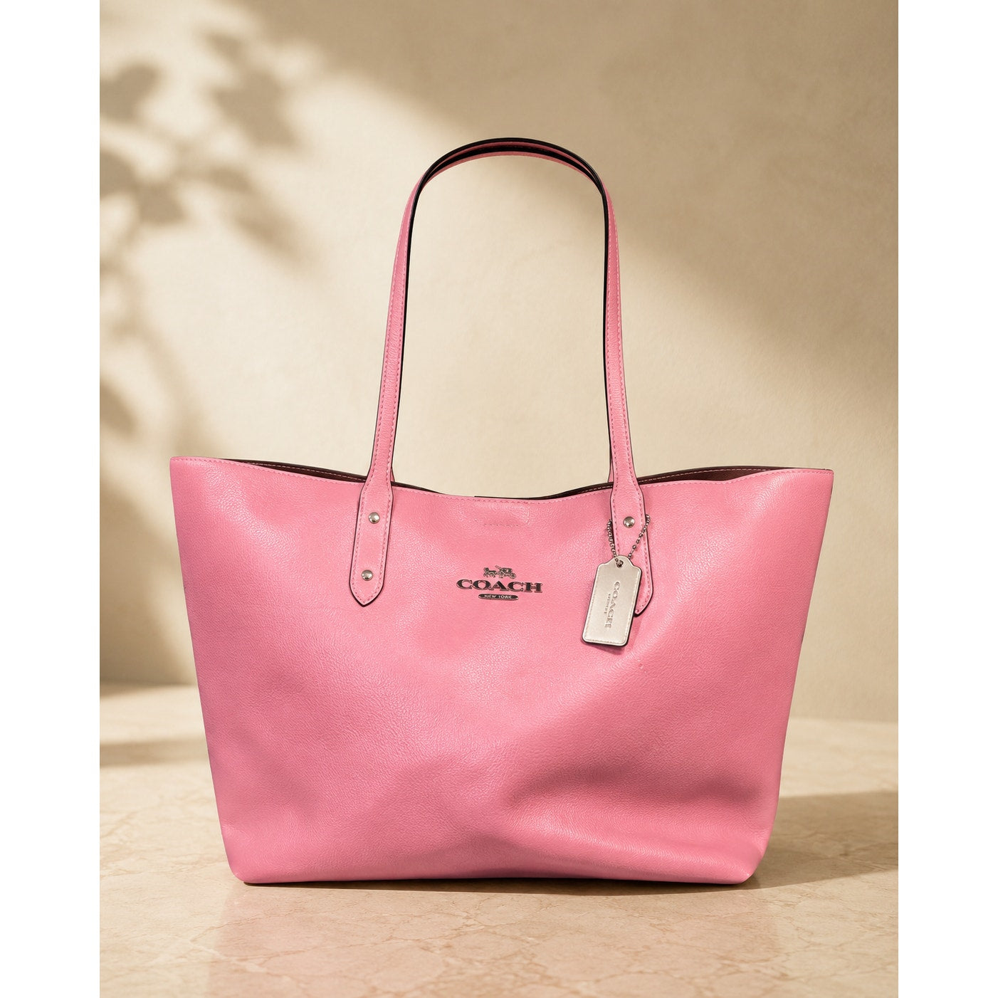 Coach Pebbled Leather Large Tote Bag Pink Striped Lining Silver Hardware