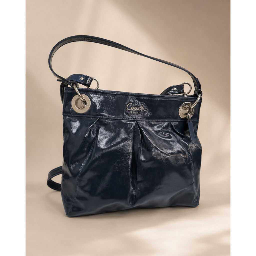 Coach Kristin Pleated Patent Leather Hobo Crossbody Shoulder Bag Blue
