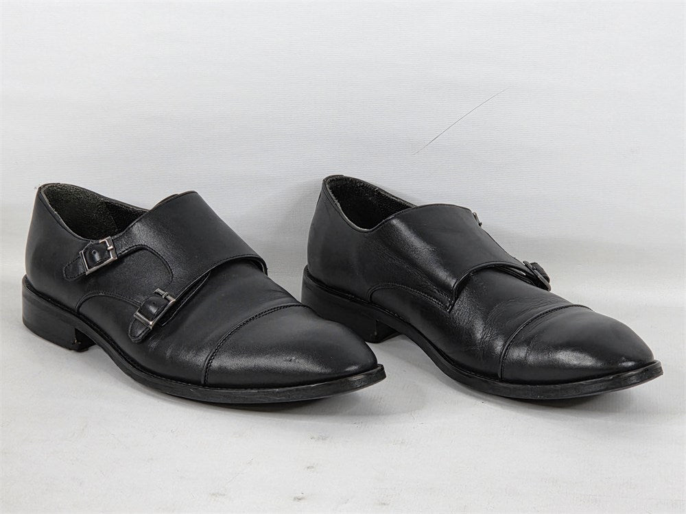 Bally black leather double monk strap dress shoes men's size 10 angled pair view