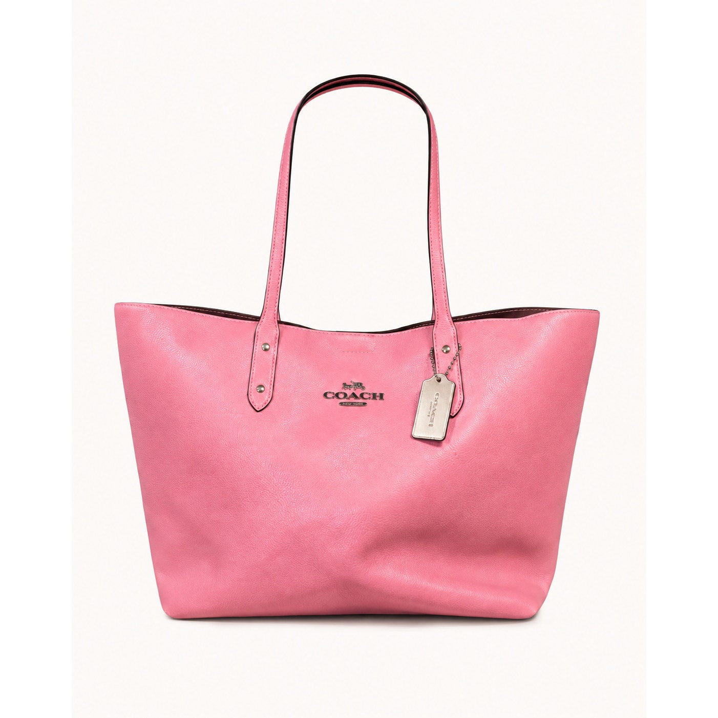 Coach Pebbled Leather Large Tote Bag Pink Striped Lining Silver Hardware