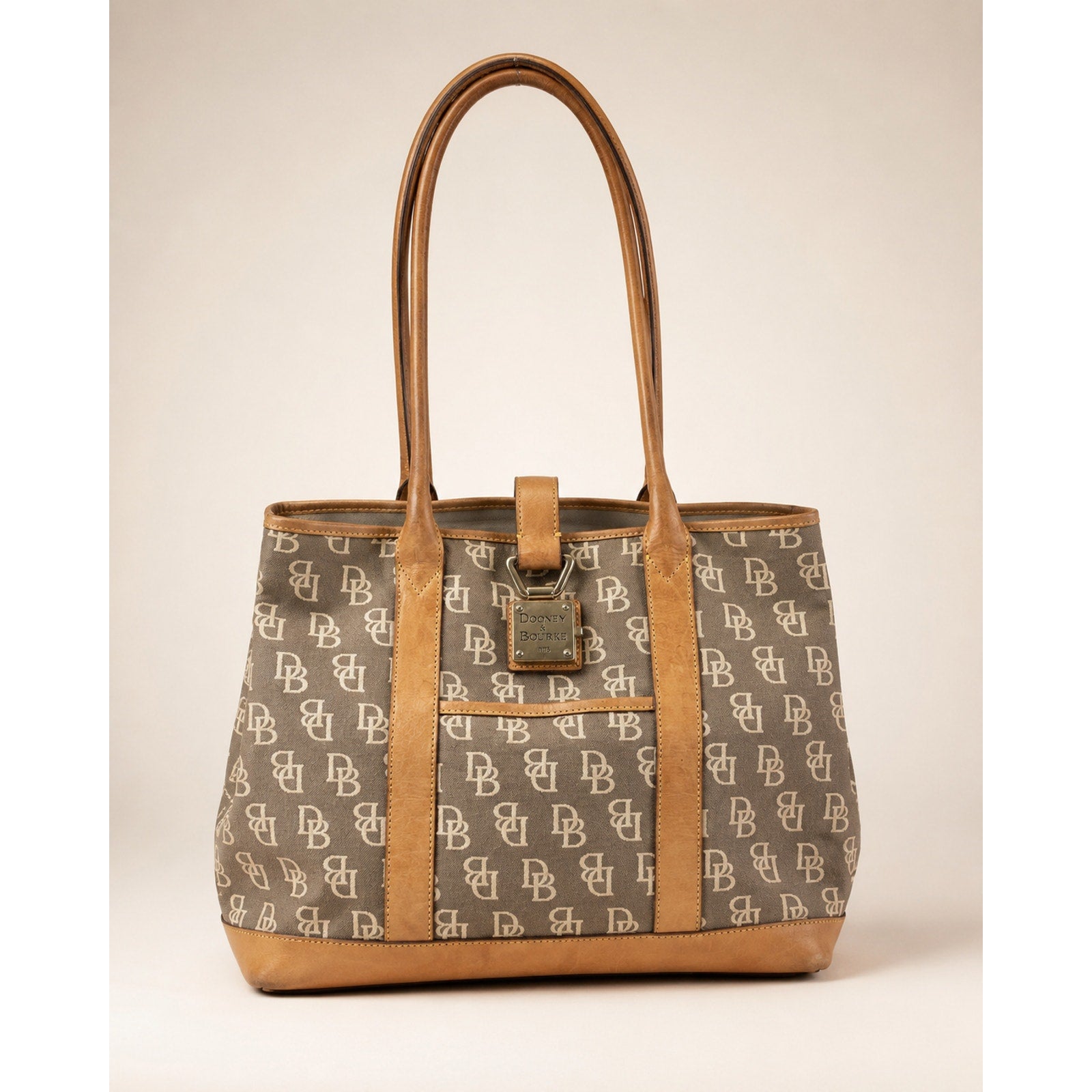 Dooney & Bourke DB Monogram Canvas Tote Bag Gray Brown Leather Trim