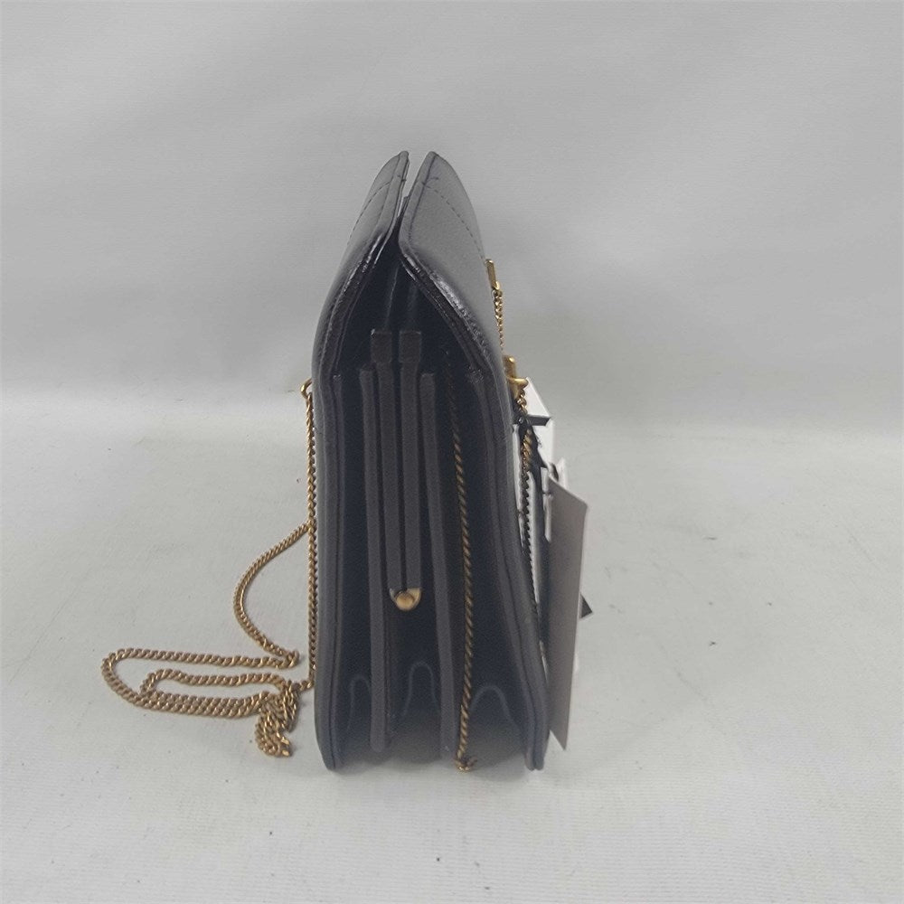 Black leather crossbody bag with gold-tone chain strap view 3