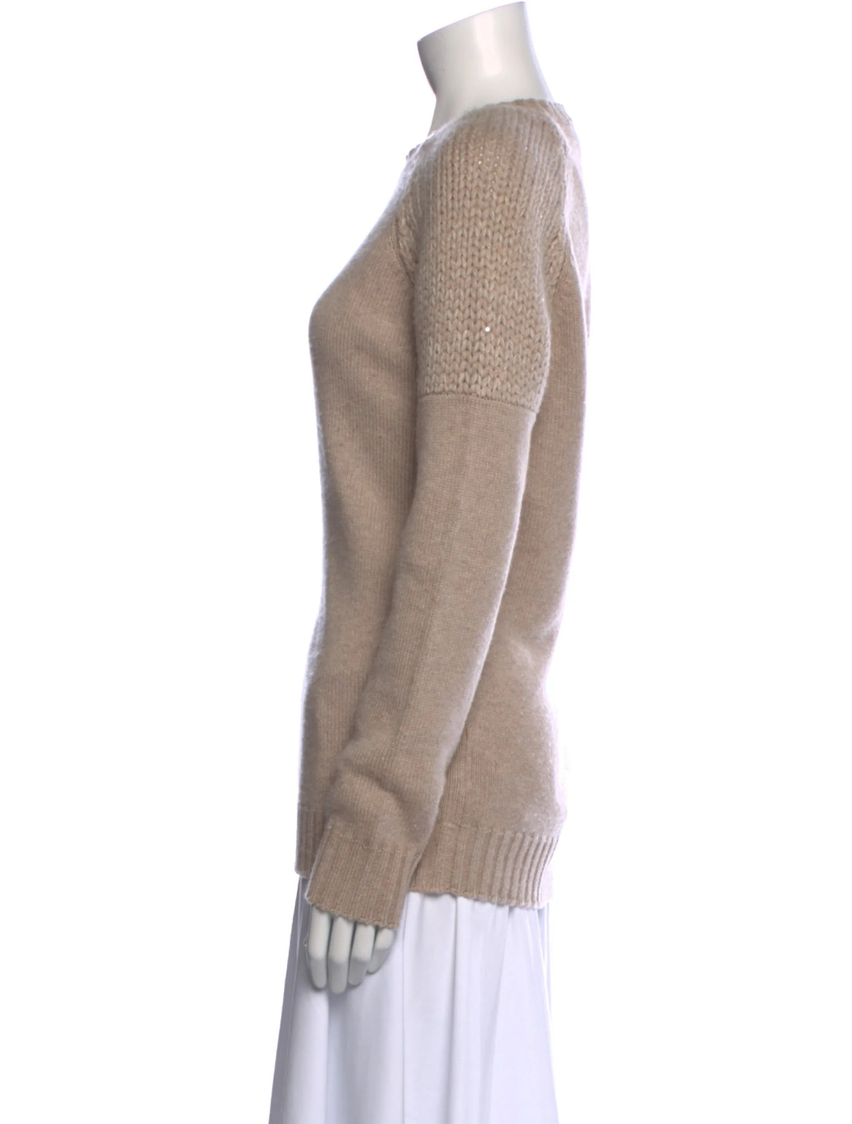Brunello Cucinelli neutral cashmere crew-neck sweater women's side view