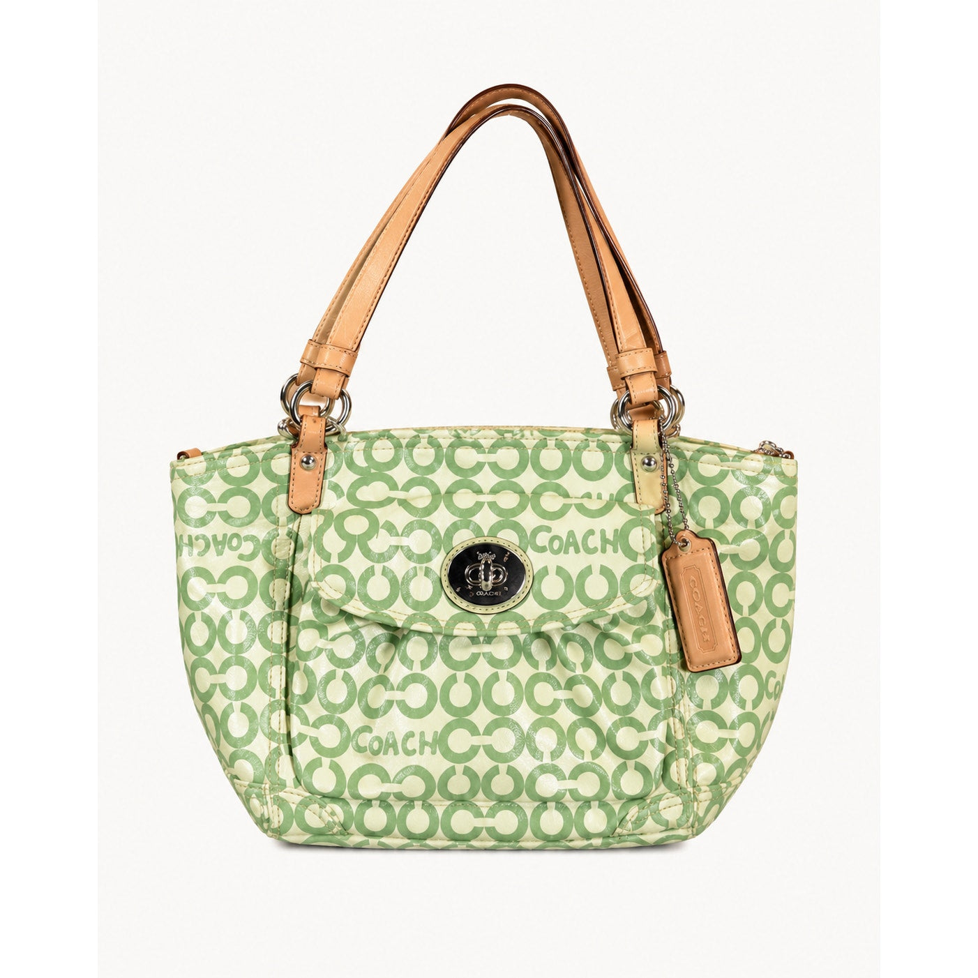 Coach Op Art Signature Coated Canvas Tote Green White Leather Trim
