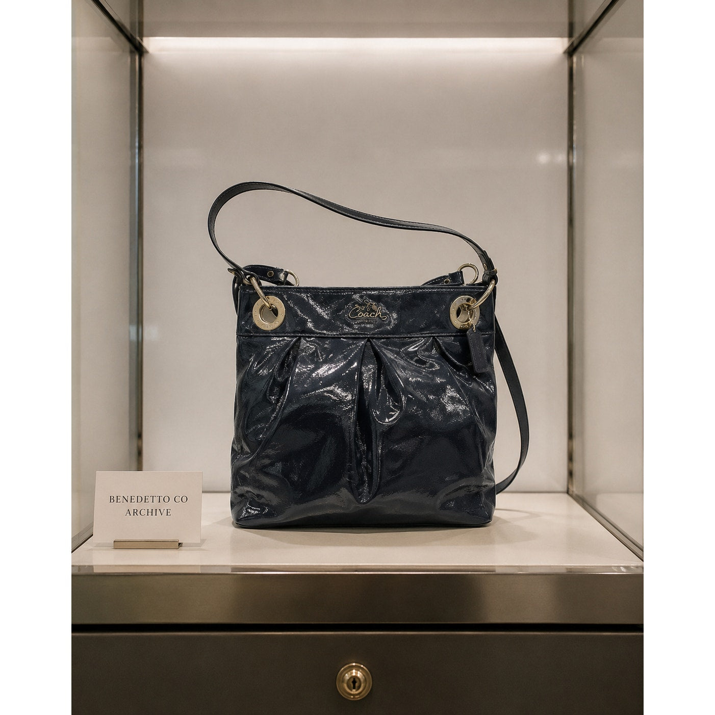 Coach Kristin Pleated Patent Leather Hobo Crossbody Shoulder Bag Blue