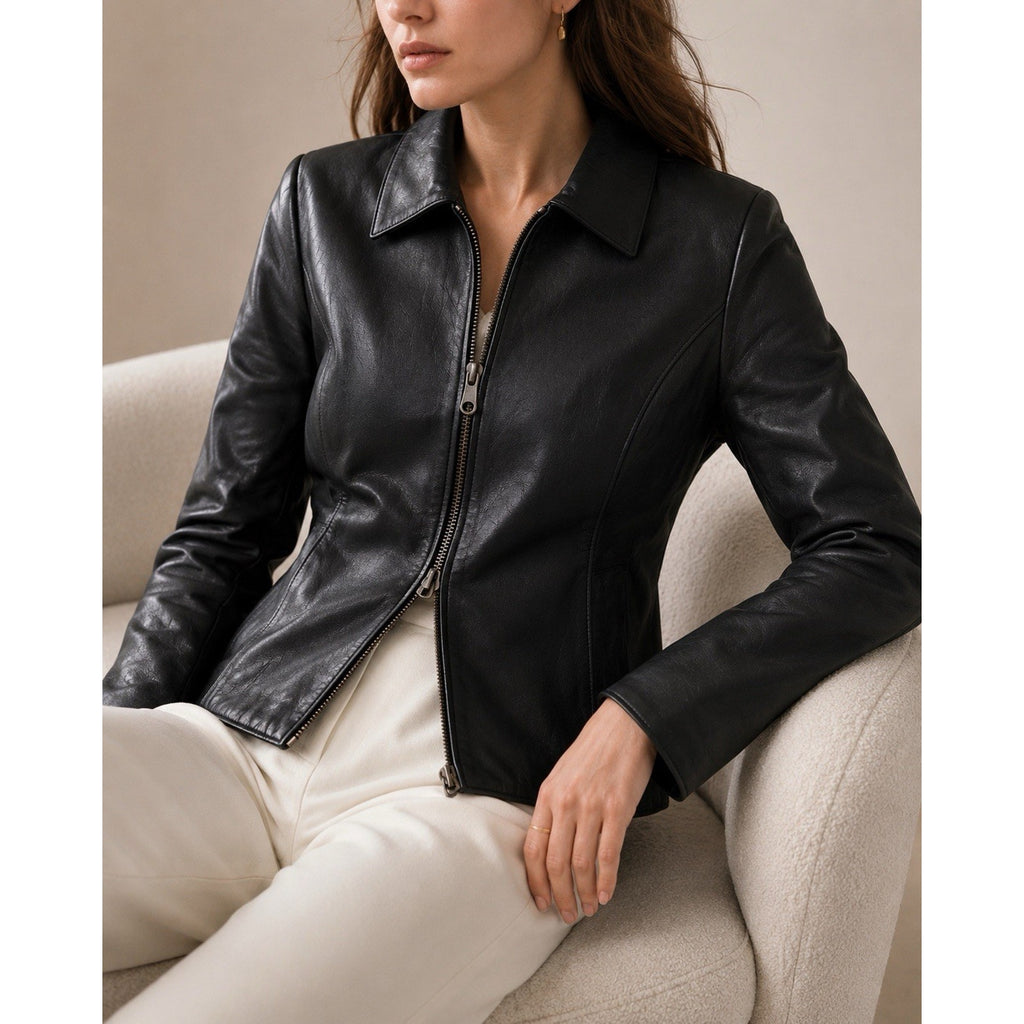 Talbots Women’s Petite 10 Black Leather Zip Jacket Career Blazer