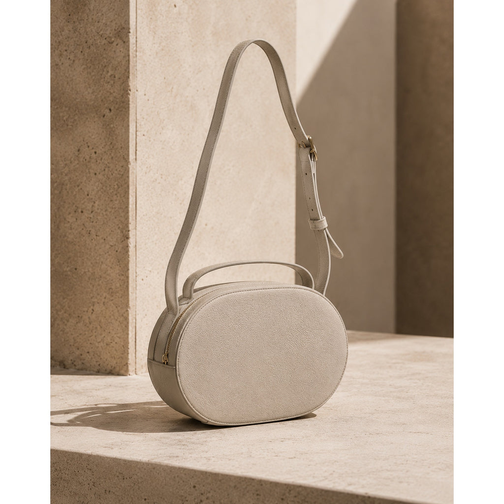 Cuyana Cream Leather Oval Zip Crossbody Bag Made in Turkey