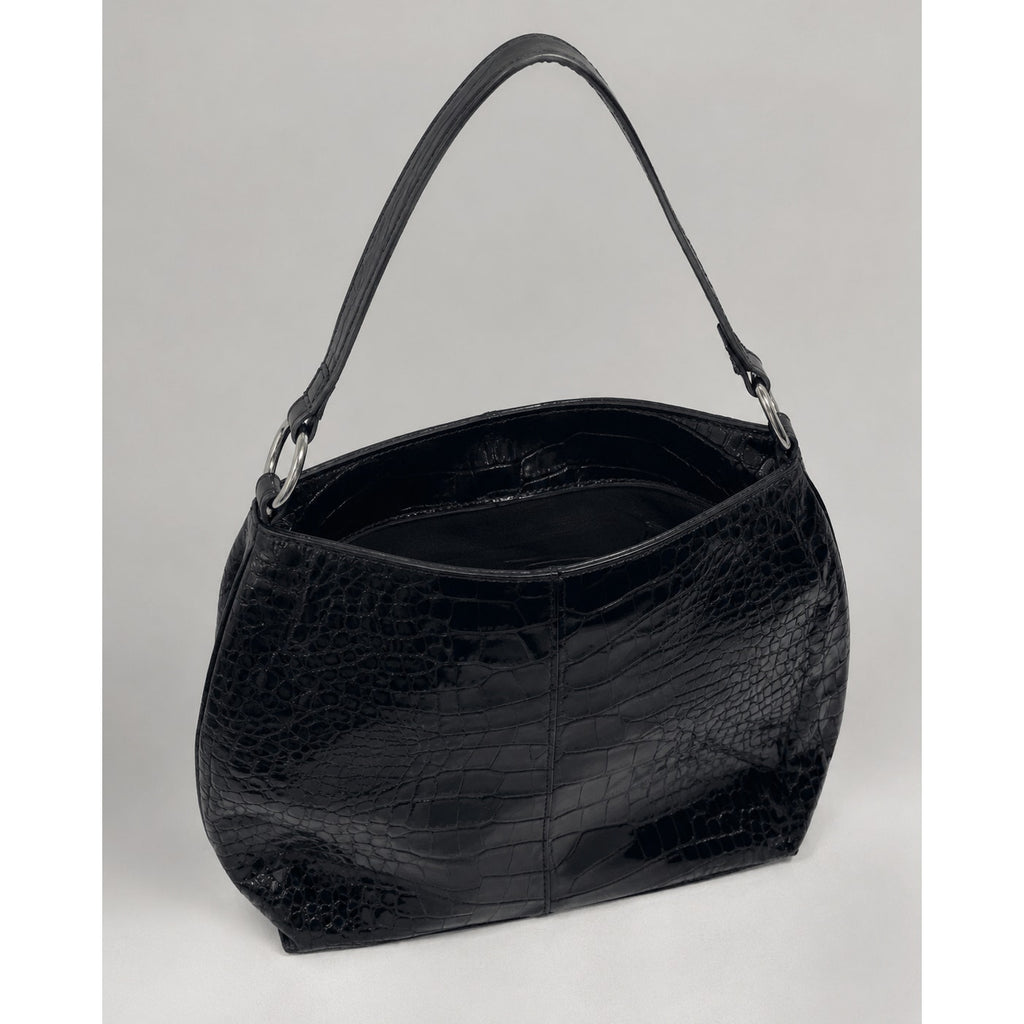 Furla Large Black Croc Embossed Patent Leather Hobo Shoulder Bag