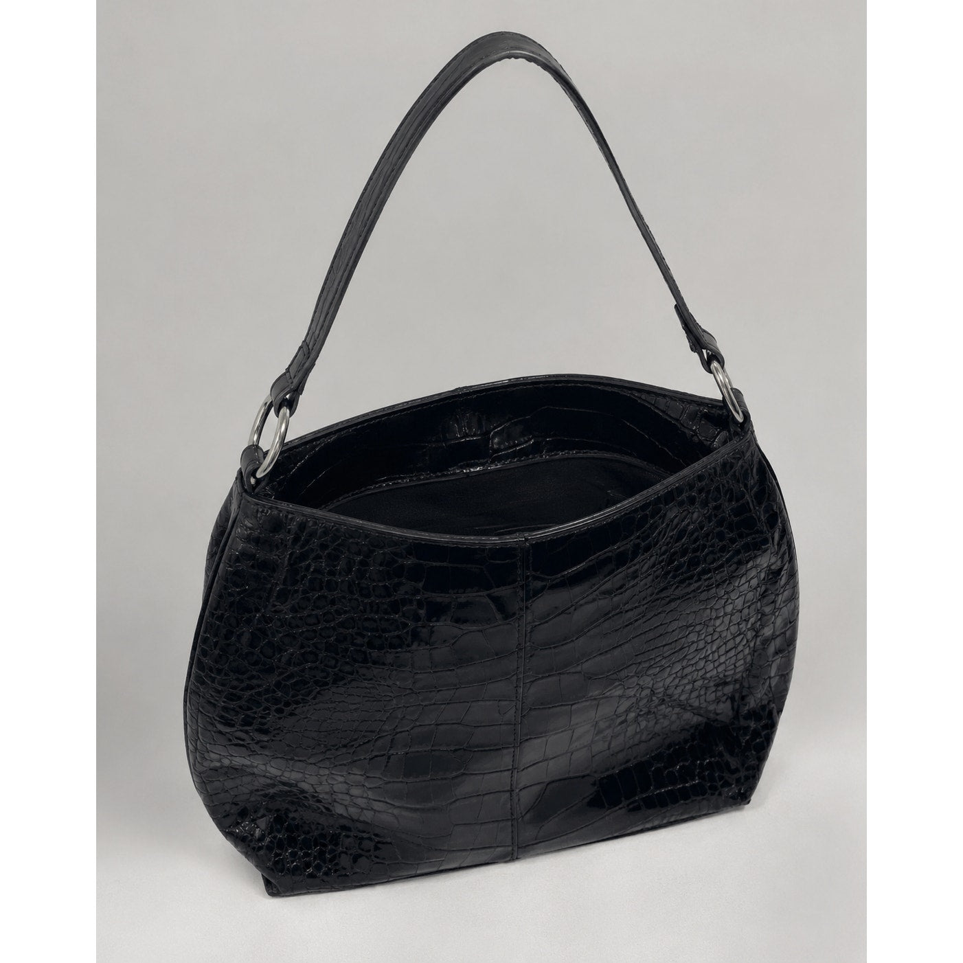 Furla Large Black Croc Embossed Patent Leather Hobo Shoulder Bag