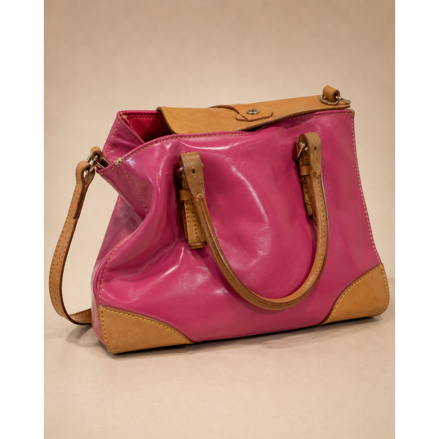 Dooney & Bourke Y2K Fuchsia Patent Leather Satchel Tote Tan Trim