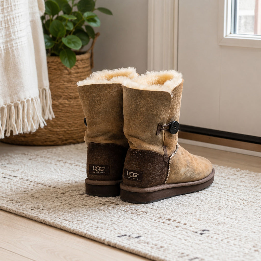 UGG Australia Bailey Button Boots Women 7 Chestnut Suede Sheepskin