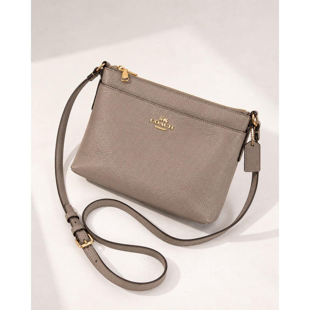Coach Journal Crossbody Taupe Pebbled Leather Beige Gold Bag