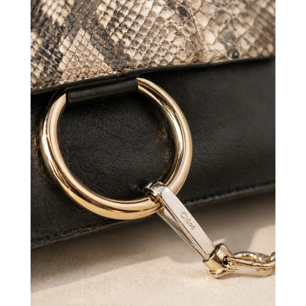 Chloé Faye Leather Snakeskin Flap Crossbody Black Gold Ring